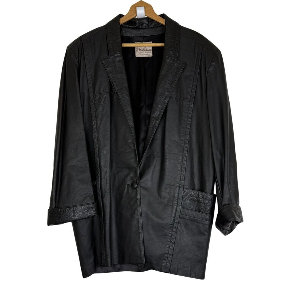 Vtg 70s Black Leather Coat XL Croc Embossed Trim Leathers by New England USA
